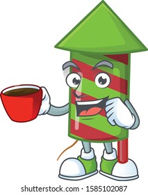 Sweet green stripes fireworks rocket cartoon character with a cup of coffee