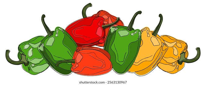 Sweet green,red,orange and yellow bell peppers isolated on white background. Tasty bell peppers in hand drawn cartoon style. Vector food illustration.