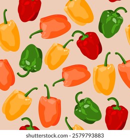 Sweet green,red,orange and yellow bell peppers seamless pattern. Tasty bell peppers in hand drawn cartoon style. Vector food illustration.