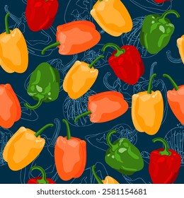 Sweet green,red,orange and yellow bell peppers seamless pattern with blue background. Tasty bell peppers in hand drawn cartoon style. Vector food illustration.