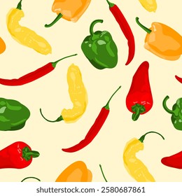 Sweet green,red,orange and yellow peppers seamless pattern. Tasty color peppers in hand drawn cartoon style. Vector food illustration.