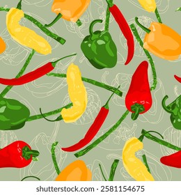 Sweet green,red,orange,yellow bell peppers and green asparagus seamless pattern. Tasty bell peppers with sparrow grass in hand drawn cartoon style. Vector food illustration.