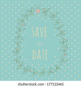 Sweet greeting card with floral wreath. EPS 10. No transparency. No gradients.