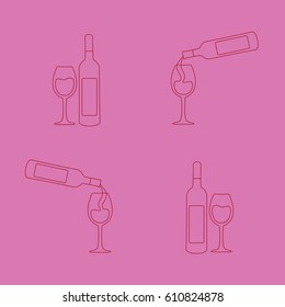 sweet greeting card with four icons of white wine modern isolated clean outline bottle with glassware & simple line kosher Passover & seder by the Jewish. beautiful red wine glass for happy holiday. 