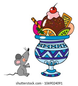 Sweet grey mouse is looking at delicious sundae with chocolate, cherry, orange. In a blue glass. For gift or card.