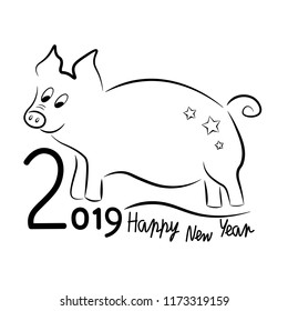 A sweet guinea pig with figures of 2019 and a congratulation on a new year in a black contour