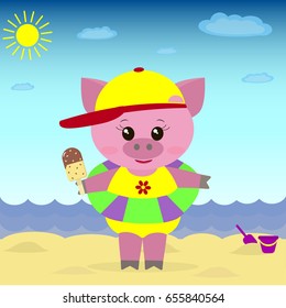 A sweet guinea pig on the beach with a hat, a bathing suit, a circle and ice cream in a cartoon style./
Illustration of a cute piggy on the beach with ice cream.
