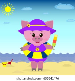 A sweet guinea pig on the beach with a hat, a bathing suit, a circle and ice cream in a cartoon style./
Illustration of a cute piggy on the beach with ice cream.

