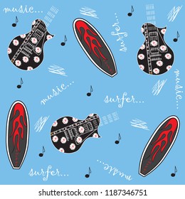 sweet guitars and surfboards with curls and notes and surfer and music descriptions vector illustration