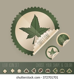 sweet gum tree leaf icon set in stamp shape, with colors and shapes to choose