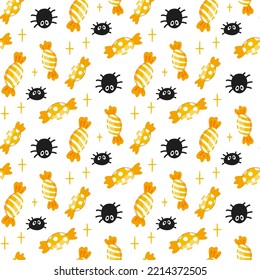 Sweet Halloween candy seamless pattern. Trick or treat background. Vector Sweets with spiders repeated texture. Wrapping paper print, wallpaper illustration