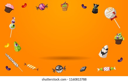 Sweet Halloween orange background with flying candies and empty place for text. Design template for sale banner, tag, gift card, poster etc. Vector illustration