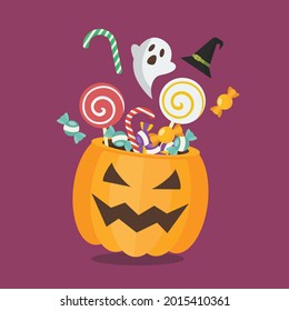 Sweet with Halloween pumpkin basket. Flat style vector illustration.