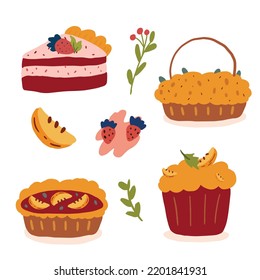 Sweet hand drawn bakery of pumpkin pie, orange pie, strawberry cake and pumpkin muffin. homemade baking. 