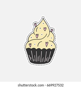 Sweet hand drawn cupcake - 80s-90s style design. Isolated vector illustration in patch style. Great for stickers, embroidery, badges.