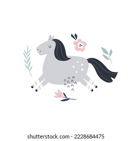 Sweet hand drawn illustration with cute horse and floral elements.