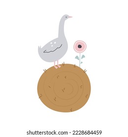 Sweet hand drawn illustration with funny goose on a hay. Cute design for frame art, nursery decoration, baby prits
