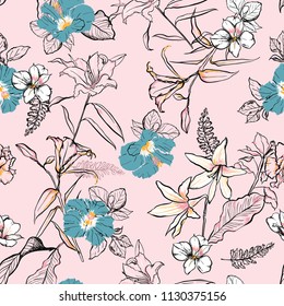 Sweet hand drawn line sketch flowers lilly mix with hibiscus and many kind of  florals ,seamless pattern vector for fashion ,fabric, and all prints on sweet pink background