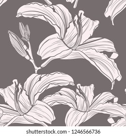 Sweet hand drawn line sketch flowers lily  seamless pattern, vector for fashion ,fabric, and all prints on grey background.
