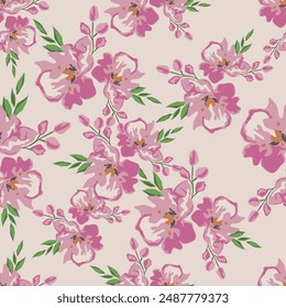 Sweet hand drawn line sketch flowers lilly mix with hibiscus and many kind of florals ,seamless pattern vector for fashion ,fabric, and all prints on sweet pink background