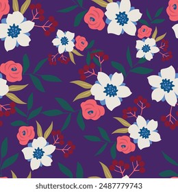 Sweet hand drawn line sketch flowers lilly mix with hibiscus and many kind of florals ,seamless pattern vector for fashion ,fabric, and all prints on sweet pink background