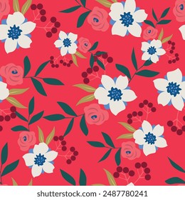 Sweet hand drawn line sketch flowers lilly mix with hibiscus and many kind of florals ,seamless pattern vector for fashion ,fabric, and all prints on sweet pink background