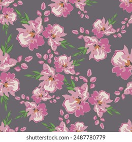 Sweet hand drawn line sketch flowers lilly mix with hibiscus and many kind of florals ,seamless pattern vector for fashion ,fabric, and all prints on sweet pink background