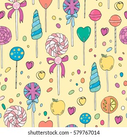 Sweet hand drawn lollipops seamless vector pattern