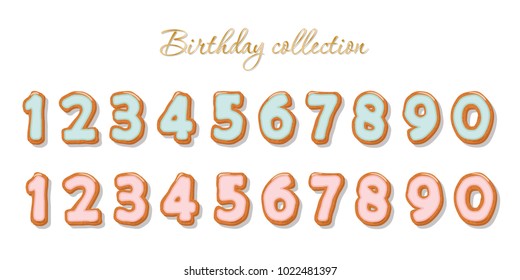 Sweet hand drawn numbers set for birthday or baby shower design. Biscuit glazed with pink and blue cream for boys and girls. Isolated on white.