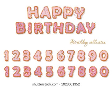 Sweet hand drawn numbers set for birthday design. Biscuit glazed with pink cream with sprinkling. Isolated on white.