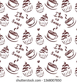 Sweet hand drawn pattern with cake and coffee