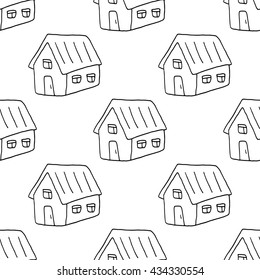 Sweet hand drawn pattern with doodle houses. Cute vector black and white hand drawn pattern. Seamless monochrome hand drawn pattern for fabric, wallpapers, wrapping paper, cards and web backgrounds.