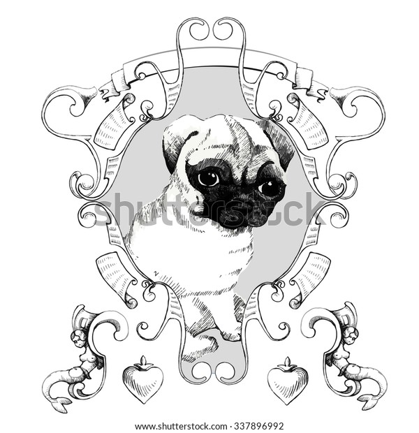 Sweet, hand drawn  Pug in baroque frame, black and white\
vector design 