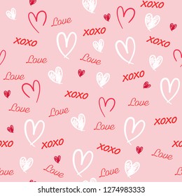 Sweet Hand drawn Seamless pattern with word love,heat, and xoxo in valentine mood vector illustration design for fashion,fabric,wallpaper,web and all prints on light pink background color