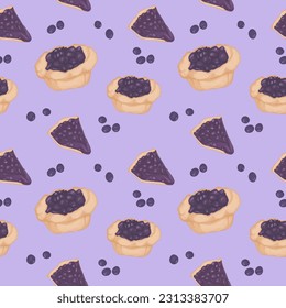 Sweet hand drawn seamless pattern. Blueberry pie vector illustration.