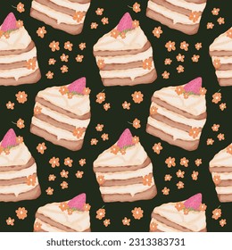 Sweet hand drawn seamless pattern. Strawberry cake illustration.