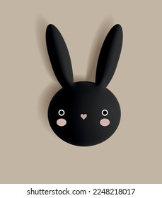 Sweet Hand Drawn Vector Illustration with Cute Black Little Rabbit Holding Big Heart. Funny Bunny on a Light Beige Background. Earster Card. Chinese New Year Symbol. Nuresery Art with Head of Hare.