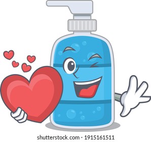 A sweet hand wash gel cartoon character style holding a big heart
