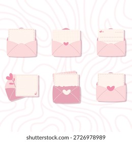 A sweet hand-drawn flat illustration set of pink envelopes and blank cards decorated with hearts. Ideal for romantic messages, Valentine’s Day, weddings, anniversaries, birthdays, and customizable stationery designs.