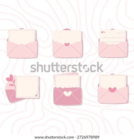 A sweet hand-drawn flat illustration set of pink envelopes and blank cards decorated with hearts. Ideal for romantic messages, Valentine’s Day, weddings, anniversaries, birthdays, and customizable stationery designs.