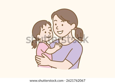 A sweet hand-drawn flat vector illustration of a smiling mother hugging her daughter, expressing warmth and affection. Ideal for Mother’s Day and parenting themes.
