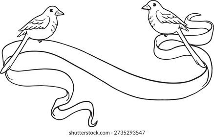 Sweet hand-drawn vector of two birds perched on a flowing ribbon banner. Minimalist black and white line art perfect for wedding titles, name tags, and romantic decorative announcements.