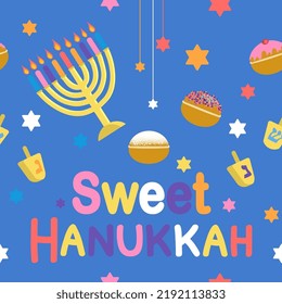 Sweet Hanukkah seamless pattern Happy Hanukkah celebration card with menorah, David stars, sufganiyah, dreidel on blue background Vector illustration in flat cartoon style 