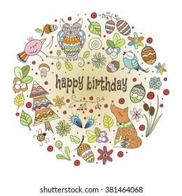 Sweet happy birthday card with lovely forest animals and floral elements. Childish card in bright colors.