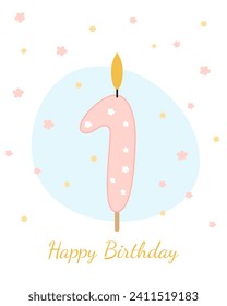 Sweet, Happy Birthday card. Vector illustration of a candle for a cake in the form of the number 1.