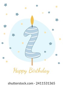 Sweet, Happy Birthday card. Vector illustration of a candle for a cake in the form of the number 2.