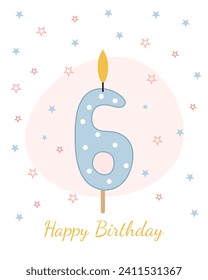 Sweet, Happy Birthday card. Vector illustration of a candle for a cake in the form of the number 6.