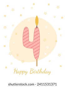 Sweet, Happy Birthday card. Vector illustration of a candle for a cake in the form of the number 4.