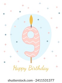 Sweet, Happy Birthday card. Vector illustration of a candle for a cake in the form of the number 9.