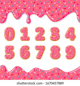 Sweet happy birthday. Font of donuts. Bakery sweet numbers with pink donut's glaze. 